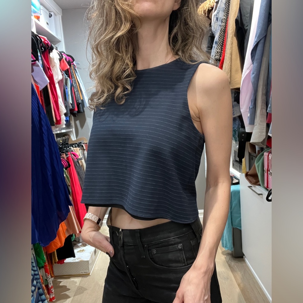 Tibi striped crew neck cropped top blue small